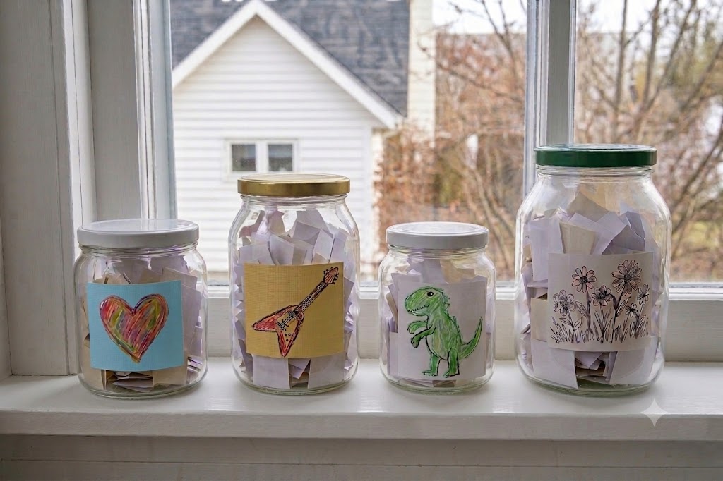 Four jam jars on a windowsill, one per child, each with that child’s own drawing on the front, full of folded paper slips